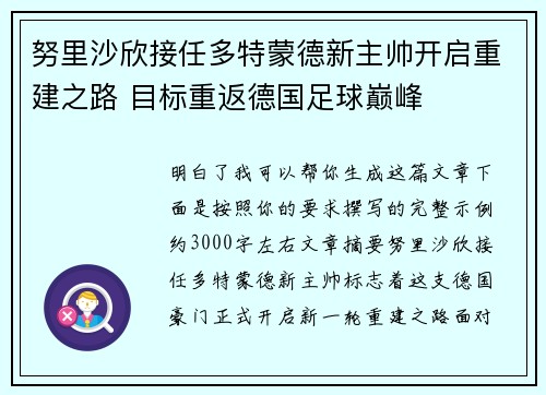 努里沙欣接任多特蒙德新主帅开启重建之路 目标重返德国足球巅峰 努里沙欣接任多特蒙德新主帅开启重建之路 目标重返德国足球巅峰