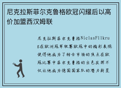尼克拉斯菲尔克鲁格欧冠闪耀后以高价加盟西汉姆联